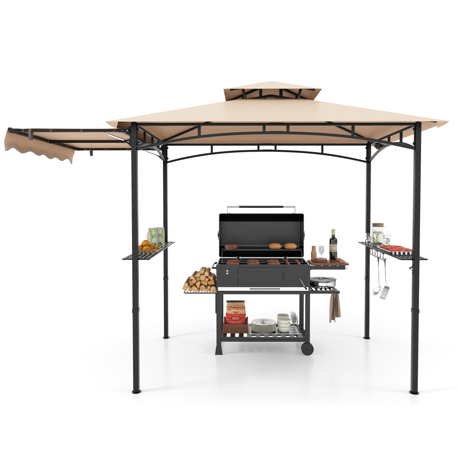 Gazebo-per-barbecue-con-tendalino-laterale-tetto-a-2-livelli-2-ripiani-laterali-mediaId104446770-1781590163.jpg Costway Gazebo per barbecue con tendalino laterale tetto a 2 livelli 2 ripiani laterali, Rifugio per barbecue Beige - immagine 1