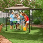 Costway Gazebo per barbecue con tendalino laterale tetto a 2 livelli 2 ripiani laterali, Rifugio per barbecue Beige - immagine 3