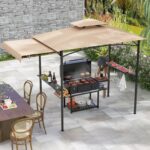 Costway Gazebo per barbecue con tendalino laterale tetto a 2 livelli 2 ripiani laterali, Rifugio per barbecue Beige - immagine 2
