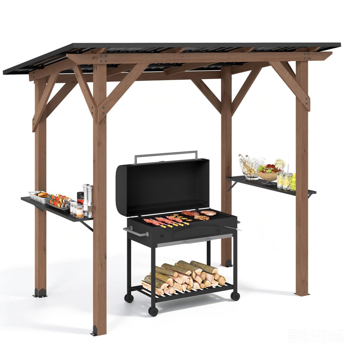 Costway Gazebo per barbecue gazebo da giardino in legno di abete resistente 2 ripiani laterali portaoggetti, Tettoia inclinata in metallo pergola bbq per terrazzo e patio - immagine 5