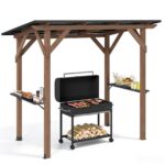 Costway Gazebo per barbecue gazebo da giardino in legno di abete resistente 2 ripiani laterali portaoggetti, Tettoia inclinata in metallo pergola bbq per terrazzo e patio - immagine 5