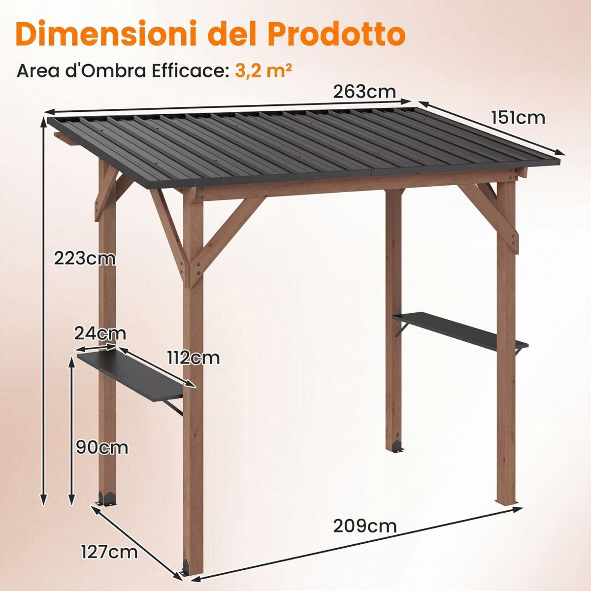 Costway Gazebo per barbecue gazebo da giardino in legno di abete resistente 2 ripiani laterali portaoggetti, Tettoia inclinata in metallo pergola bbq per terrazzo e patio - immagine 6