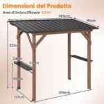 Costway Gazebo per barbecue gazebo da giardino in legno di abete resistente 2 ripiani laterali portaoggetti, Tettoia inclinata in metallo pergola bbq per terrazzo e patio - immagine 6