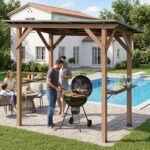 Costway Gazebo per barbecue gazebo da giardino in legno di abete resistente 2 ripiani laterali portaoggetti, Tettoia inclinata in metallo pergola bbq per terrazzo e patio - immagine 3