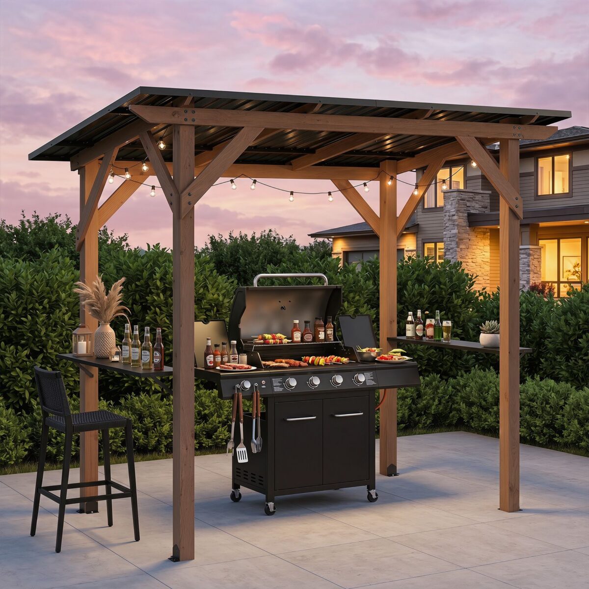 Costway Gazebo per barbecue gazebo da giardino in legno di abete resistente 2 ripiani laterali portaoggetti, Tettoia inclinata in metallo pergola bbq per terrazzo e patio - immagine 2