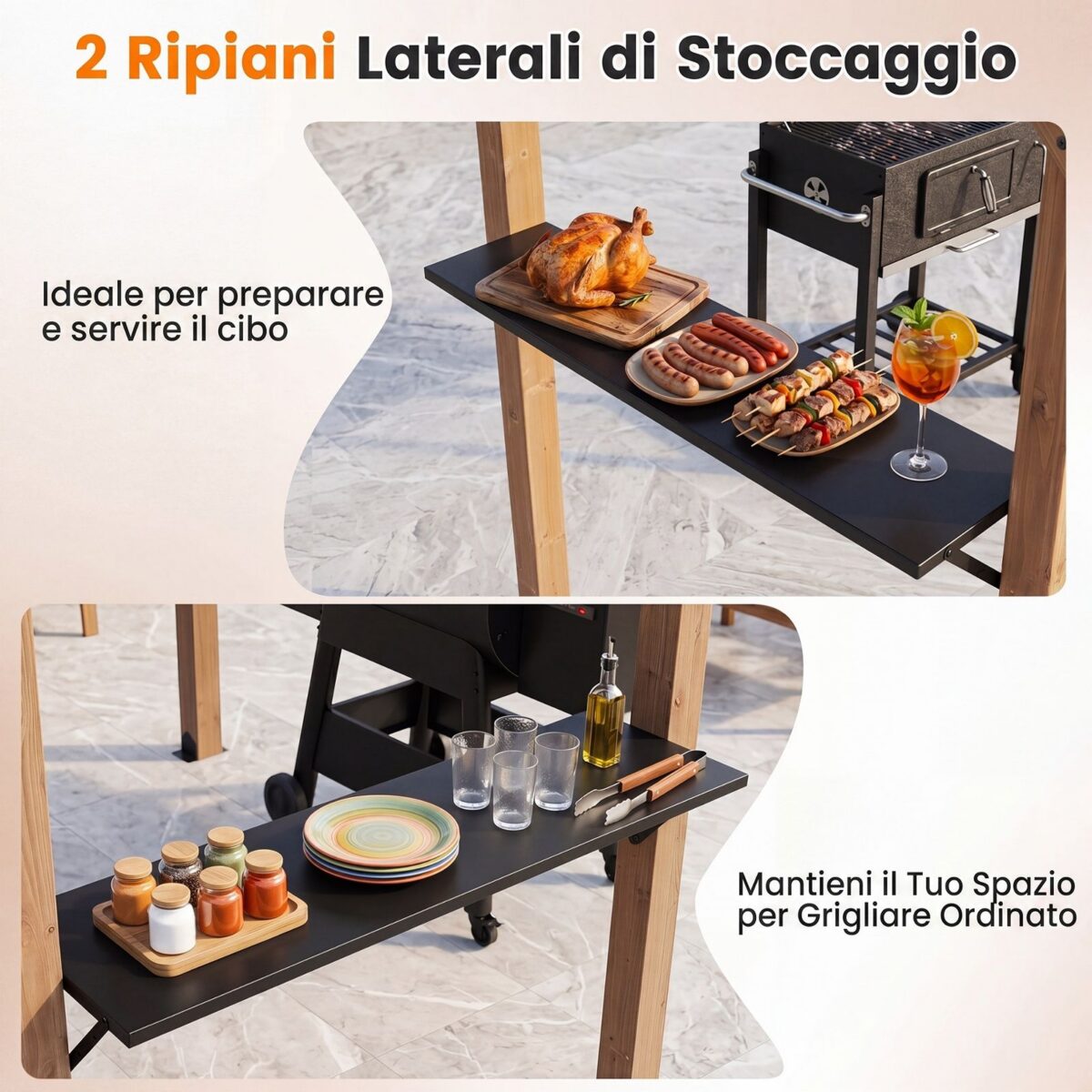 Costway Gazebo per barbecue gazebo da giardino in legno di abete resistente 2 ripiani laterali portaoggetti, Tettoia inclinata in metallo pergola bbq per terrazzo e patio - immagine 8