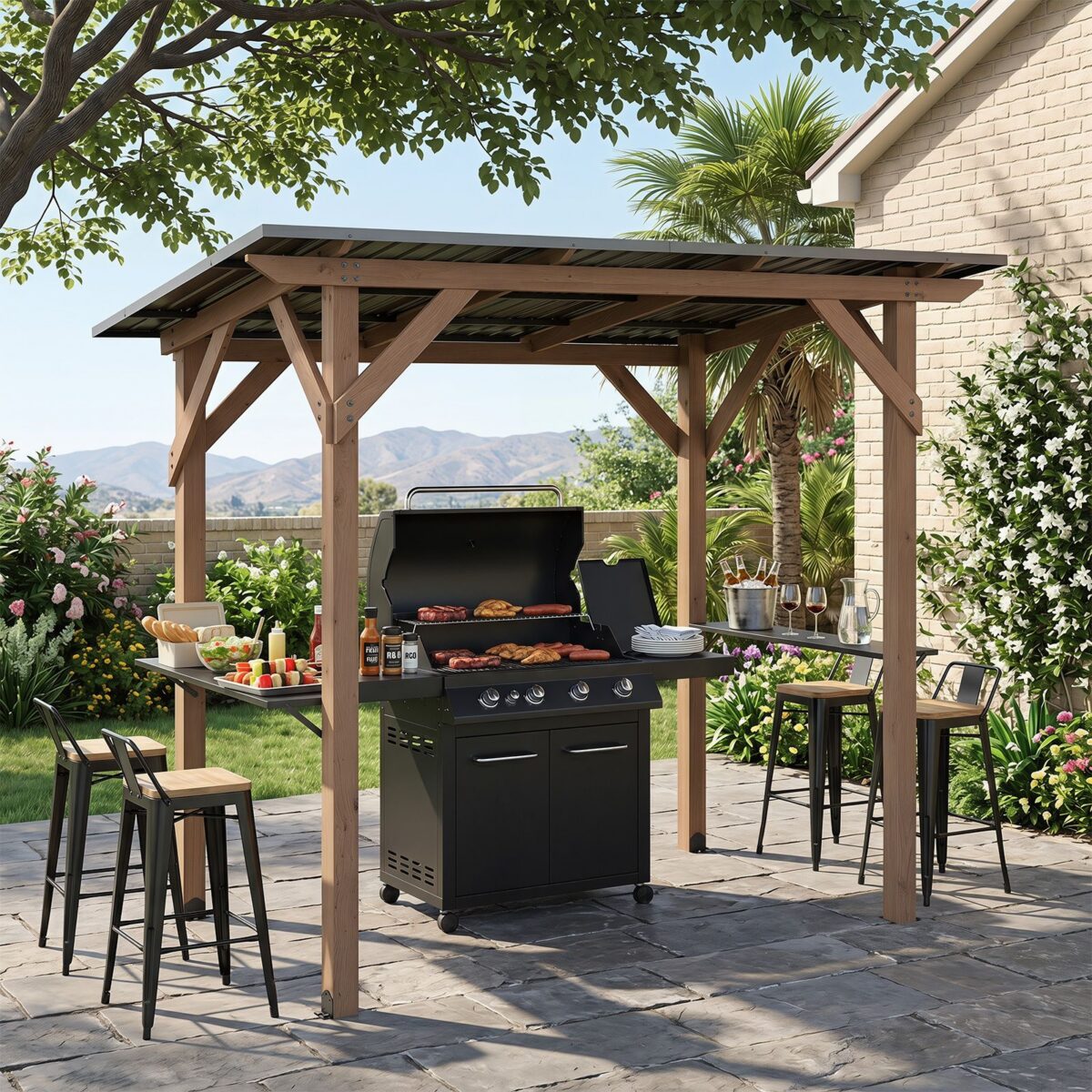 Costway Gazebo per barbecue gazebo da giardino in legno di abete resistente 2 ripiani laterali portaoggetti, Tettoia inclinata in metallo pergola bbq per terrazzo e patio - immagine 4