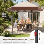Costway Gazebo pieghevole da giardino con altezza regolabile picchetti e corde, 360 x 360 cm Gazebo pop-up Marrone - immagine 9