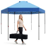 Costway Gazebo pieghevole da giardino con altezza regolabile picchetti e corde, 360 x 360 cm Gazebo pop-up Blu - immagine 3