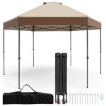Costway Gazebo pieghevole da giardino con altezza regolabile picchetti e corde, 360 x 360 cm Gazebo pop-up Marrone