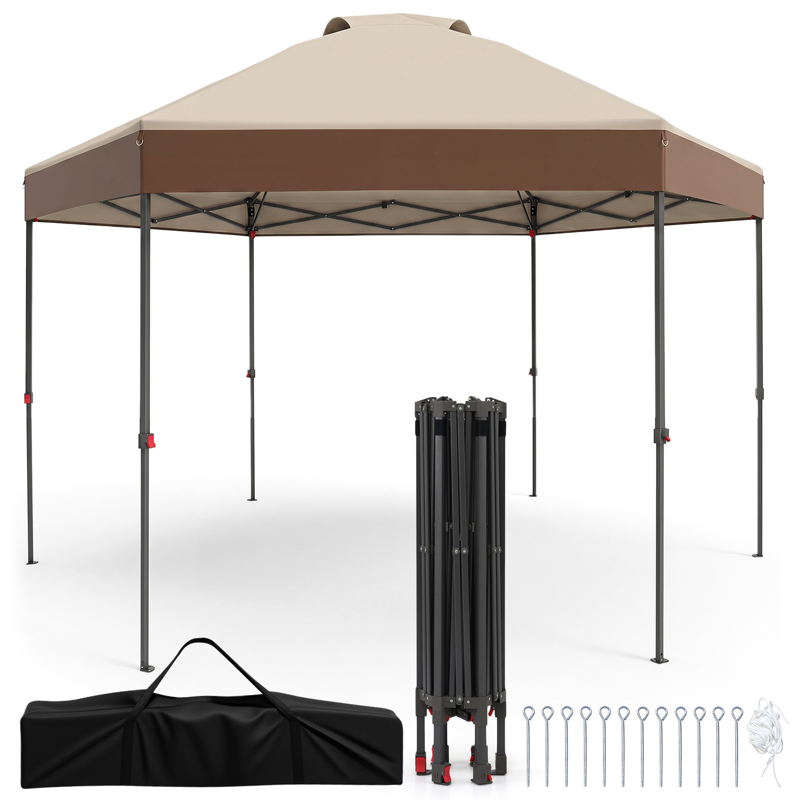 Gazebo-pieghevole-da-giardino-con-altezza-regolabile-picchetti-e-corde-mediaId104798886-1780648742.jpg Costway Gazebo pieghevole da giardino con altezza regolabile picchetti e corde, 360 x 360 cm Gazebo pop-up Marrone - immagine 1