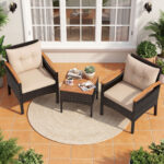 Costway Set bistro patio 3 pezzi con piano in legno di acacia e braccioli, Set di sedie da esterno con cuscini per giardino veranda Beige - immagine 4