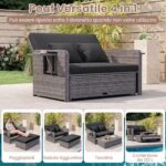 Costway Divano letto in rattan per patio con schienale regolabile e tavolini pieghevoli, Set 2 pezzi con divanetto e pouf per giardino e piscina Nero - immagine 10
