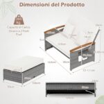Costway Letto da giorno in rattan per patio schienale regolabile a 4 livelli, Set 2 pezzi con divanetto e pouf contenitore tavoli ribaltabili Bianco - immagine 6
