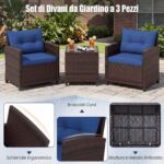 Costway Set di 3 mobili da patio con 4 cuscini rimovibili, Set di 2 sedie e 1 tavolino in rattan con piano in vetro Blu scuro - immagine 8