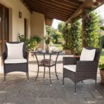 Costway Set da bistrò da esterno 3 pezzi 2 sedie in rattan con cuscini, Set da conversazione per giardino veranda e bordo piscina Beige - immagine 4