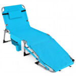 Costway Lettino da spiaggia pieghevole con cuscino poggiatesta, Sedia sdraio da esterno con tasca laterale per giardino e piscina Verde