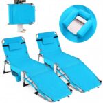 Costway Lettino da spiaggia pieghevole con cuscino poggiatesta, Sedia sdraio da esterno con tasca laterale per giardino e piscina Verde - immagine 5