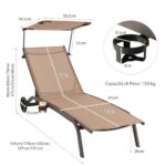 Costway Lettino prendisole da giardino con ruote tettuccio parasole portabicchieri, Set di 2 sedie a sdraio da piscina Marrone - immagine 4