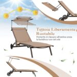 Costway Lettino prendisole da giardino con ruote tettuccio parasole portabicchieri, Set di 2 sedie a sdraio da piscina Marrone - immagine 5