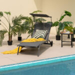 Costway Lettino prendisole da giardino con ruote tettuccio parasole portabicchieri, Set di 2 sedie a sdraio da piscina Grigio - immagine 3