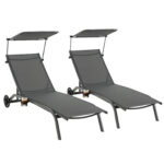 Costway Lettino prendisole da giardino con ruote tettuccio parasole portabicchieri, Set di 2 sedie a sdraio da piscina Grigio