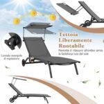 Costway Lettino prendisole da giardino con ruote tettuccio parasole portabicchieri, Set di 2 sedie a sdraio da piscina Grigio - immagine 5