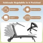 Costway Lettino prendisole da giardino con ruote tettuccio parasole portabicchieri, Set di 2 sedie a sdraio da piscina Grigio - immagine 6