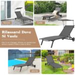 Costway Lettino prendisole da giardino con ruote tettuccio parasole portabicchieri, Set di 2 sedie a sdraio da piscina Grigio - immagine 8
