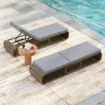 Costway Lettino prendisole in rattan per giardino con cuscino e schienale regolabile, Cuscino e spazio di archiviazione Grigio - immagine 4