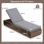 Costway Lettino prendisole in rattan per giardino con cuscino e schienale regolabile, Cuscino e spazio di archiviazione Grigio - immagine 6
