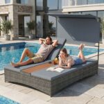 Costway Lettino prendisole per 2 persone con tettuccio schienali regolabili, Lettino prendisole con tavolino integrato per balcone terrazza e patio Grigio - immagine 5