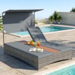 Costway Lettino prendisole per 2 persone con tettuccio schienali regolabili, Lettino prendisole con tavolino integrato per balcone terrazza e patio Grigio - immagine 4