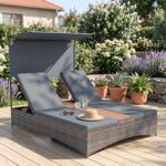 Costway Lettino prendisole per 2 persone con tettuccio schienali regolabili, Lettino prendisole con tavolino integrato per balcone terrazza e patio Grigio - immagine 3