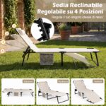 Costway Lettino prendisole pieghevole con schienale regolabile poggiatesta materasso e tasca laterale, Lettino da campeggio portata 120 kg Beige - immagine 8
