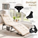 Costway Lettino prendisole pieghevole con schienale regolabile poggiatesta materasso e tasca laterale, Lettino da campeggio portata 120 kg Beige - immagine 10