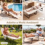 Costway Lettino prendisole pieghevole con schienale regolabile poggiatesta materasso e tasca laterale, Lettino da campeggio portata 120 kg Beige - immagine 7