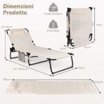 Costway Lettino prendisole pieghevole con schienale regolabile poggiatesta materasso e tasca laterale, Lettino da campeggio portata 120 kg Beige - immagine 6