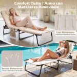 Costway Lettino prendisole pieghevole con schienale regolabile poggiatesta materasso e tasca laterale, Lettino da campeggio portata 120 kg Beige - immagine 9