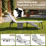 Costway Lettino prendisole pieghevole con schienale regolabile poggiatesta materasso e tasca laterale, Lettino da campeggio portata 120 kg Grigio - immagine 9