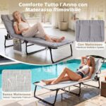 Costway Lettino prendisole pieghevole con schienale regolabile poggiatesta materasso e tasca laterale, Lettino da campeggio portata 120 kg Grigio - immagine 8