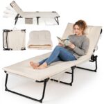 Costway Lettino prendisole pieghevole con schienale regolabile poggiatesta materasso e tasca laterale, Lettino da campeggio portata 120 kg Beige - immagine 5