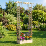 Costway Letto da giardino rialzato con traliccio e drenaggio integrato, Portapianta in legno di abete per interni ed esterni Naturale - immagine 2