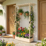 Costway Letto da giardino rialzato con traliccio e drenaggio integrato, Portapianta in legno di abete per interni ed esterni Naturale - immagine 3