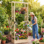 Costway Letto da giardino rialzato con traliccio e drenaggio integrato, Portapianta in legno di abete per interni ed esterni Naturale - immagine 4