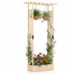Costway Letto da giardino rialzato con traliccio e drenaggio integrato, Portapianta in legno di abete per interni ed esterni Naturale