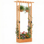 Costway Letto da giardino rialzato con traliccio e drenaggio integrato, Portapianta in legno di abete per interni ed esterni Arancione