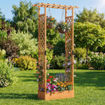 Costway Letto da giardino rialzato con traliccio e drenaggio integrato, Portapianta in legno di abete per interni ed esterni Arancione - immagine 2