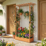 Costway Letto da giardino rialzato con traliccio e drenaggio integrato, Portapianta in legno di abete per interni ed esterni Arancione - immagine 3