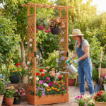 Costway Letto da giardino rialzato con traliccio e drenaggio integrato, Portapianta in legno di abete per interni ed esterni Arancione - immagine 4